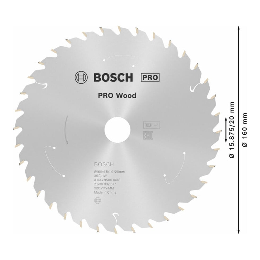 Bosch Lama circolare Standard for Wood per sega a batteria, 160x1,5/1x20, 36 denti