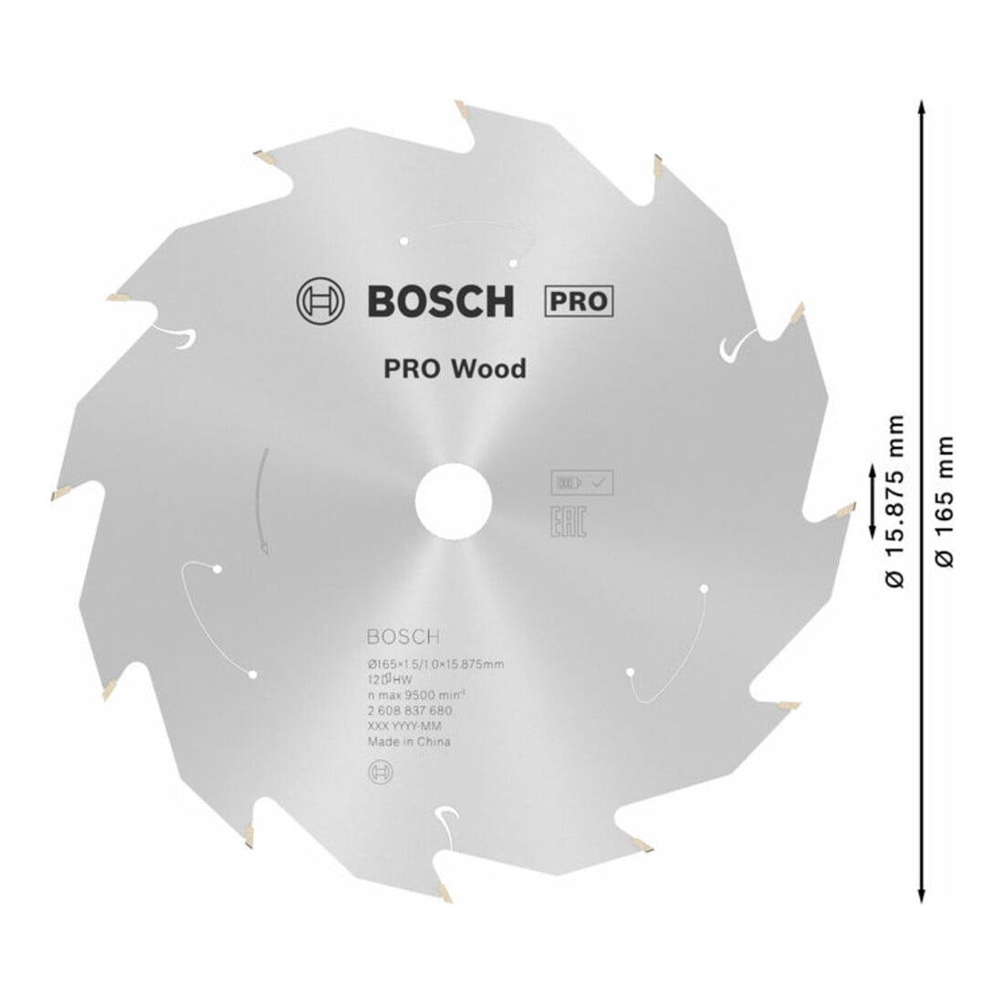 Bosch Lama circolare Standard for Wood per sega a batteria, 165x1,5/1x15,875, 12 denti