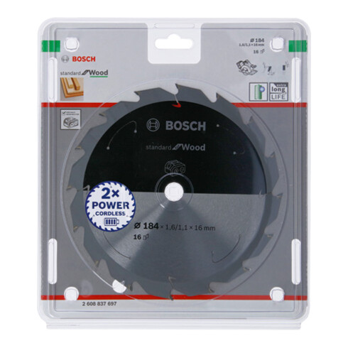 Bosch Lama circolare Standard for Wood per sega a batteria, 184x1,6/1,1x16, 16 denti