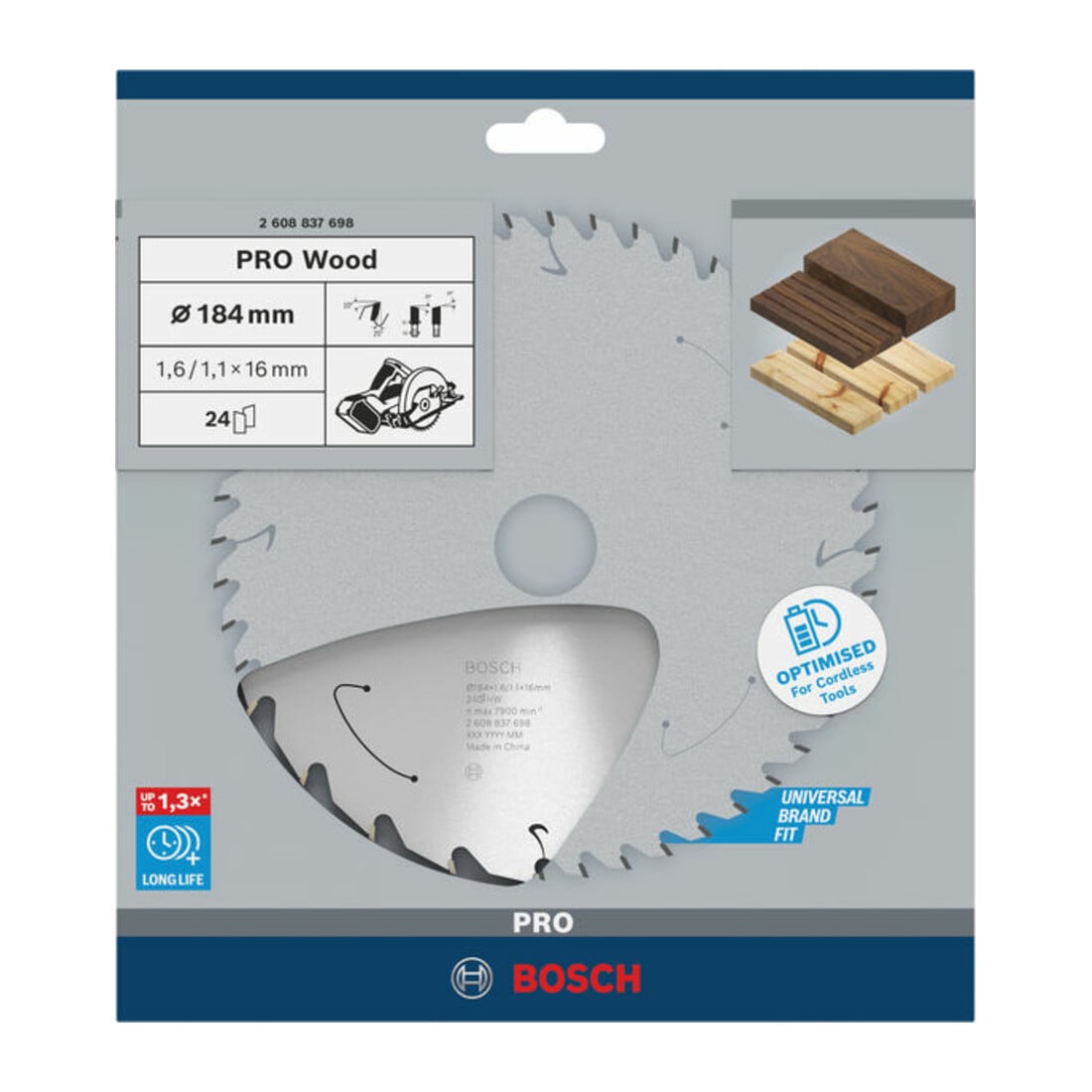 Bosch Lama circolare Standard for Wood per sega a batteria, 184x1,6/1,1x16, 24 denti