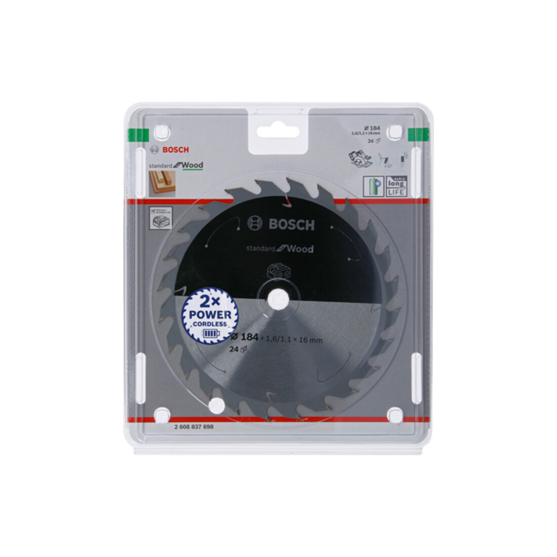 Bosch Lama circolare Standard for Wood per sega a batteria, 184x1,6/1,1x16, 24 denti