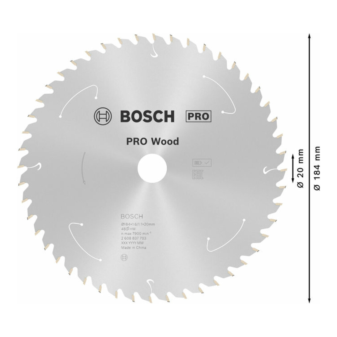 Bosch Lama circolare Standard for Wood per sega a batteria, 184x1,6/1,1x20, 48 denti