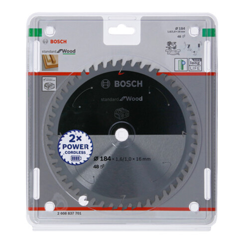 Bosch Lama circolare Standard for Wood per sega a batteria, 184x1,6/1x16, 48 denti