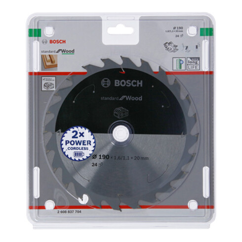 Bosch Lama circolare Standard for Wood per sega a batteria, 190x1,6/1,1x20, 24 denti