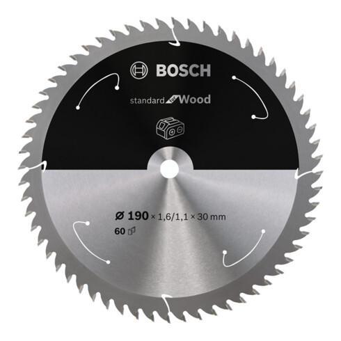 Bosch Lama circolare Standard for Wood per sega a batteria, 190x1,6/1,1x30, 60 denti