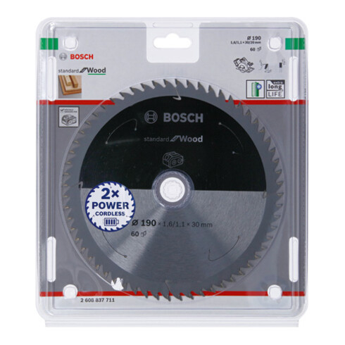 Bosch Lama circolare Standard for Wood per sega a batteria, 190x1,6/1,1x30, 60 denti