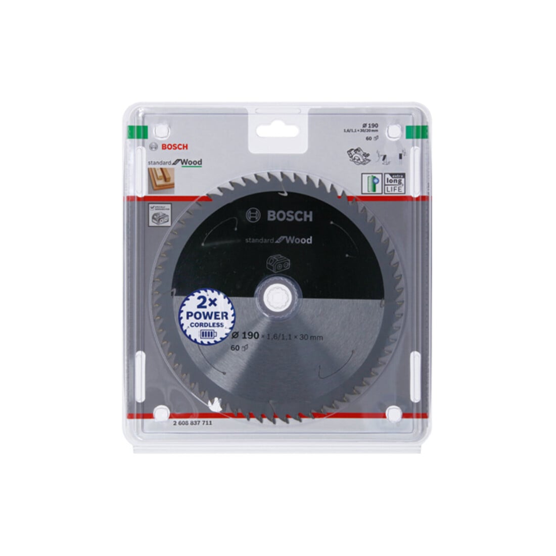 Bosch Lama circolare Standard for Wood per sega a batteria, 190x1,6/1,1x30, 60 denti