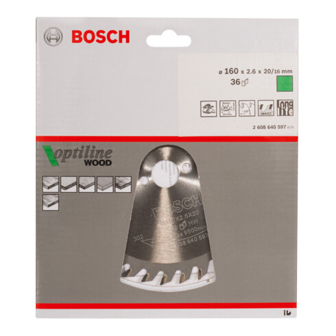 Bosch Lama per sega circolare Optiline Wood per seghe circolari manuali 160 x 20/16 x 2,6 mm 36