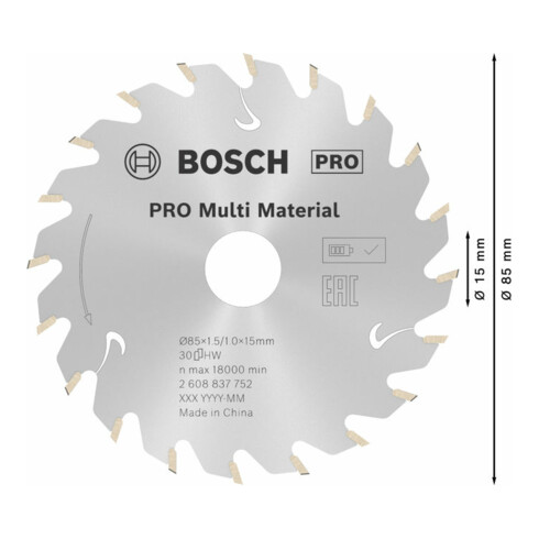 Bosch Lama per sega circolare Standard for Multimaterial per seghe a batteria 85 x 1,5/1 x 15 30 denti