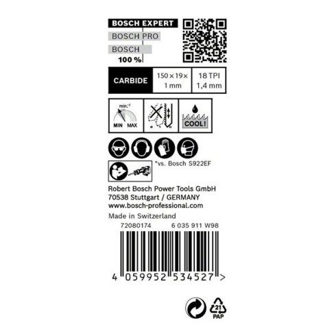 Bosch Lame de scie sabre EXPERT S 922 EHM VE de 10 pièces Thin Tough Metal
