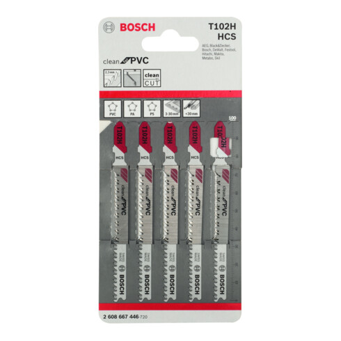 Bosch Lames de scie sauteuse T 102 H, lot de 5, Clean pour PVC