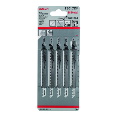 Bosch Lames de scie sauteuse T 301 CDF, lot de 5, Clean for Hard Wood