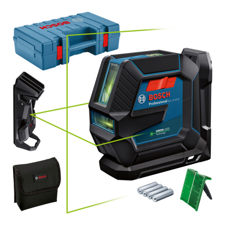 Bosch Linienlaser GLL 2-15 G mit Deckenklemme und Handwerkerkoffer