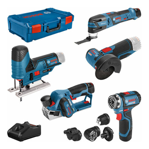 Bosch Lot de 5 outils 12V : GSR + GOP + GHO + GWS + GST + 3x GBA + GAL + XL-BOXX