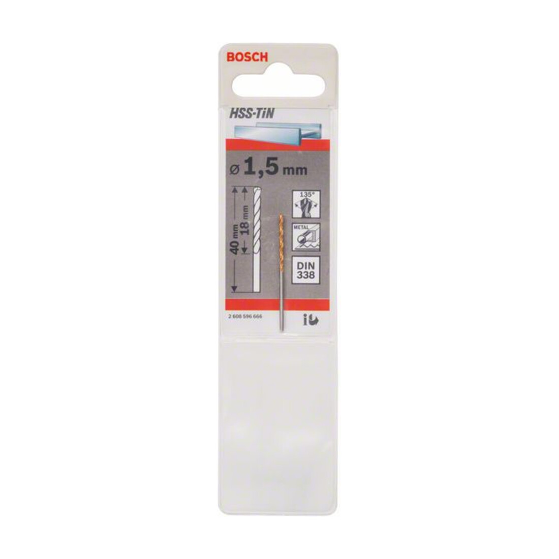 Bosch metaalboor HSS-TiN DIN 338 1,5 x 18 x 40 mm