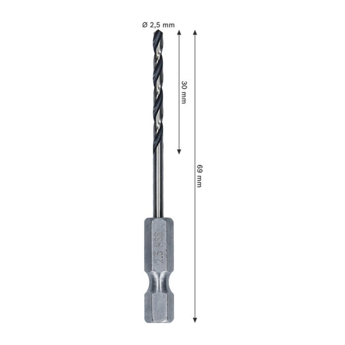 Bosch Metal HSS Spiralbohrer, 2,5 x 30 x 69 mm, HEX 1/4 Schaft