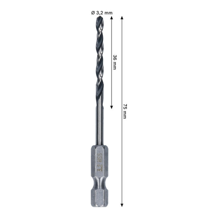 Bosch Metal HSS Spiralbohrer, 3,2 x 36 x 75 mm, HEX 1/4 Schaft