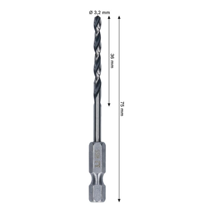 Bosch Metal HSS Spiralbohrer, 3,2 x 36 x 75 mm, HEX 1/4 Schaft
