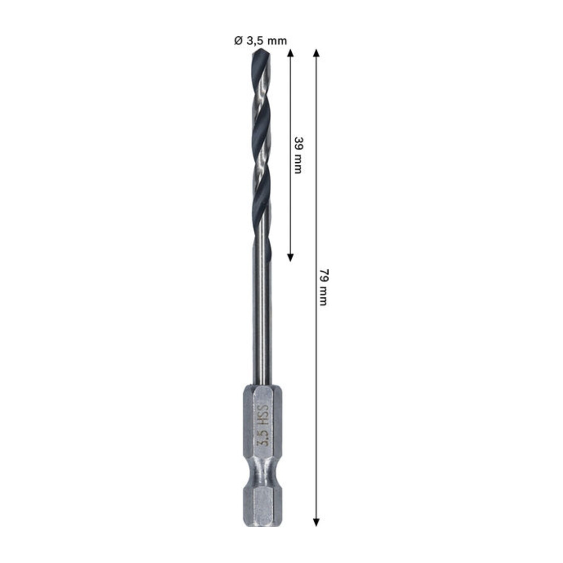 Bosch Metal HSS Spiralbohrer, 3,5 x 39 x 79 mm, HEX 1/4 Schaft