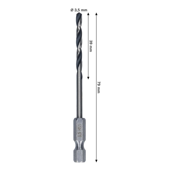 Bosch Metal HSS Spiralbohrer, 3,5 x 39 x 79 mm, HEX 1/4 Schaft