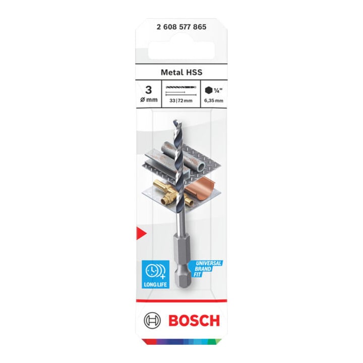 Bosch Metal HSS Spiralbohrer, 3 x 33 x 72 mm, HEX 1/4 Schaft