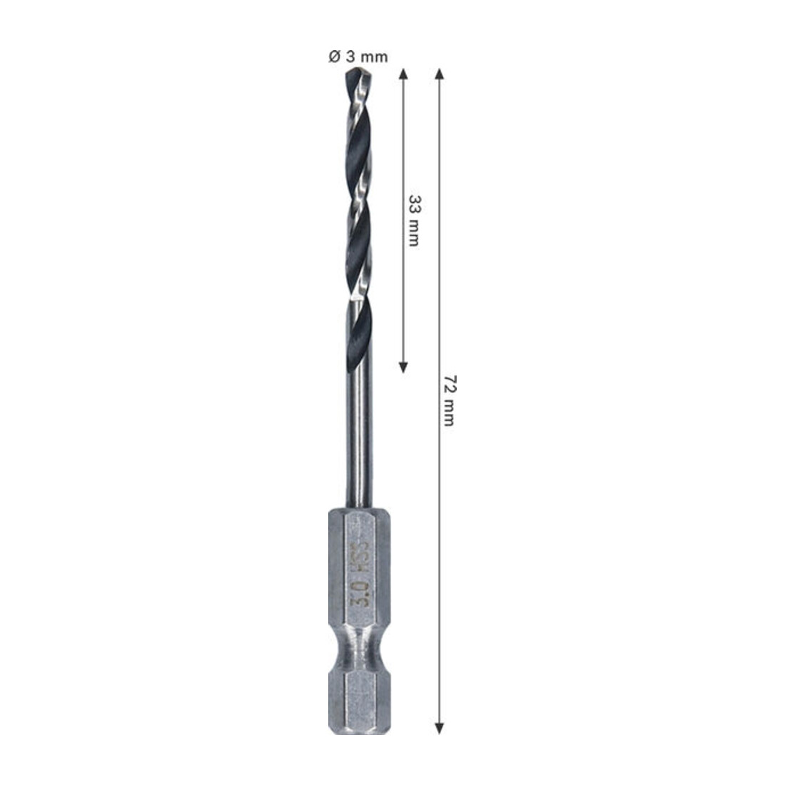 Bosch Metal HSS Spiralbohrer, 3 x 33 x 72 mm, HEX 1/4 Schaft