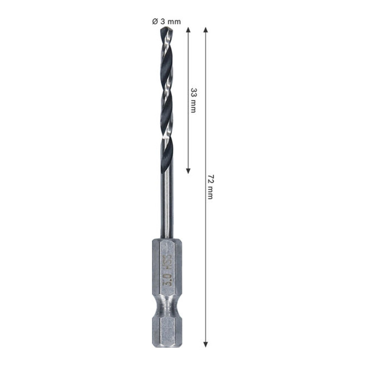 Bosch Metal HSS Spiralbohrer, 3 x 33 x 72 mm, HEX 1/4 Schaft