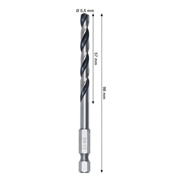 Bosch Metal HSS Spiralbohrer, 5,5 x 57 x 98 mm, HEX 1/4 Schaft