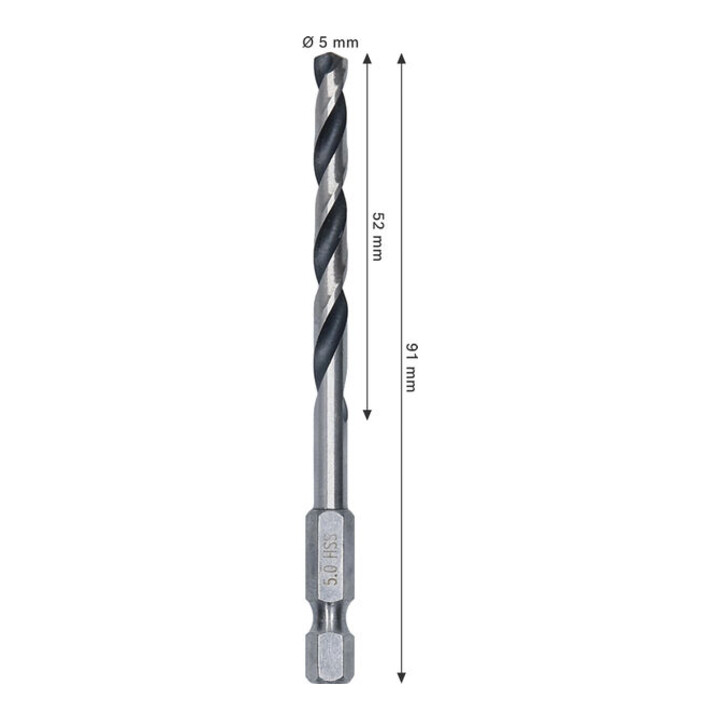Bosch Metal HSS Spiralbohrer, 5 x 52 x 91 mm, HEX 1/4 Schaft