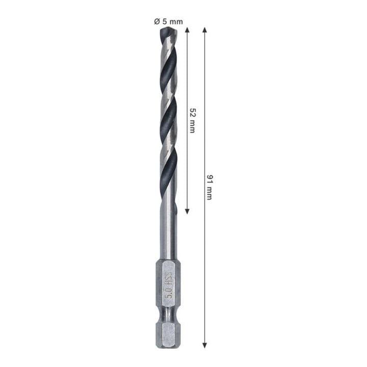Bosch Metal HSS Spiralbohrer, 5 x 52 x 91 mm, HEX 1/4 Schaft