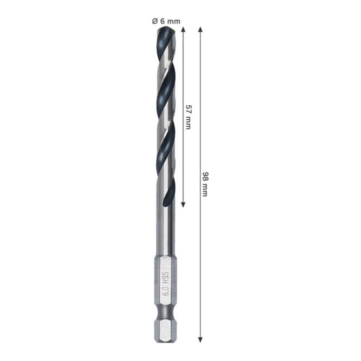Bosch Metal HSS Spiralbohrer, 6 x 57 x 98 mm, HEX 1/4 Schaft