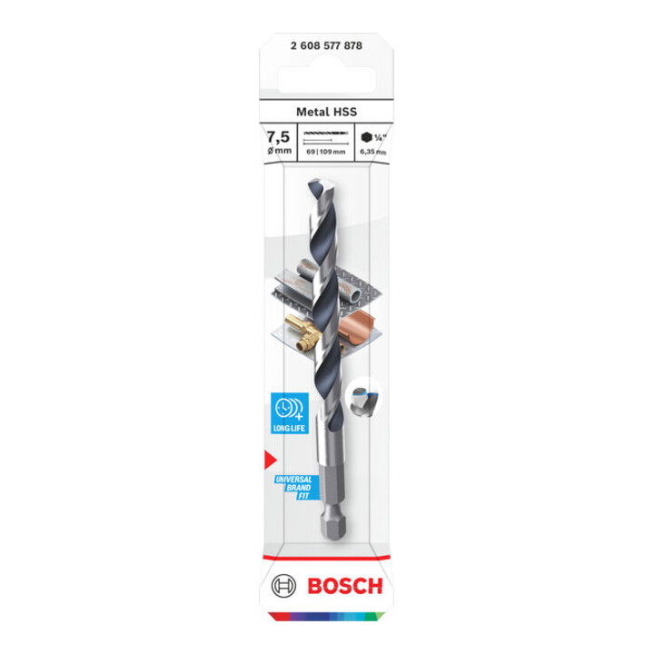 Bosch Metal HSS Spiralbohrer, 7,5 x 69 x 109 mm, HEX 1/4 Schaft