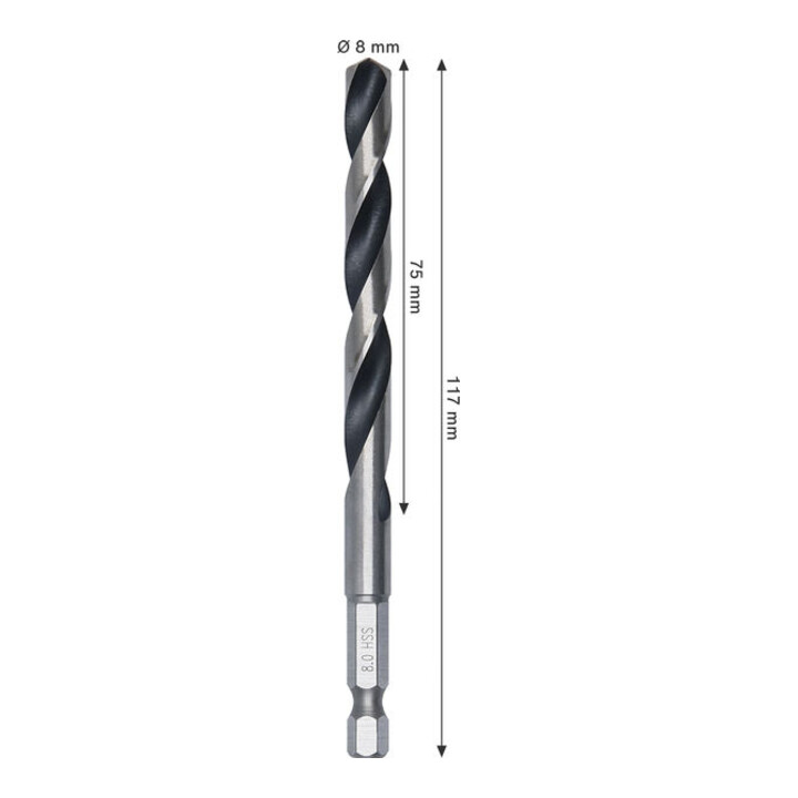 Bosch Metal HSS Spiralbohrer, 8 x 75 x 117 mm, HEX 1/4 Schaft