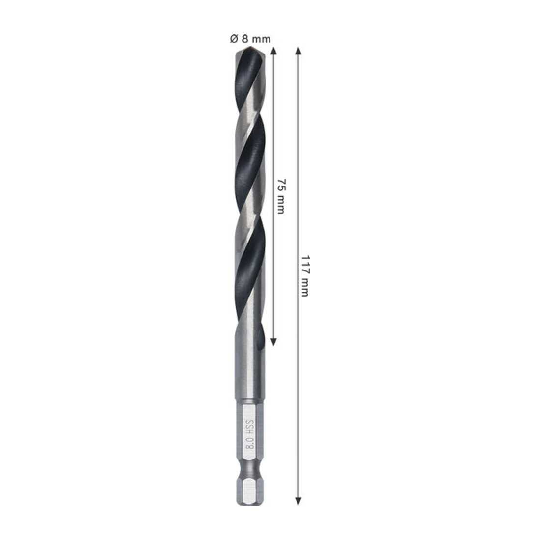 Bosch Metal HSS Spiralbohrer, 8 x 75 x 117 mm, HEX 1/4 Schaft
