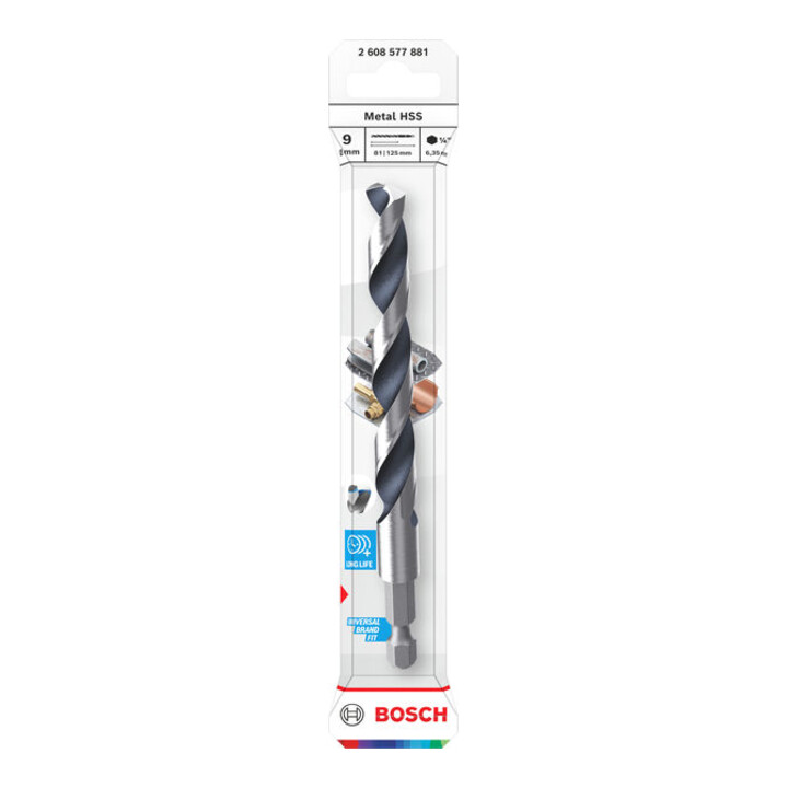Bosch Metal HSS Spiralbohrer, 9 x 81 x 125 mm, HEX 1/4 Schaft