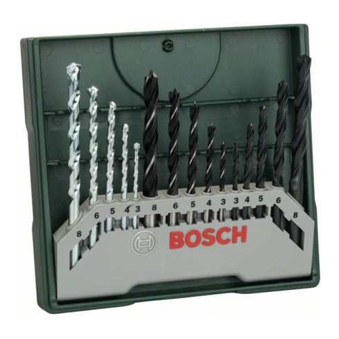 Bosch Mini-X-Line gemengde set, 5 steen-, 5 metaal-, 5 houtboren