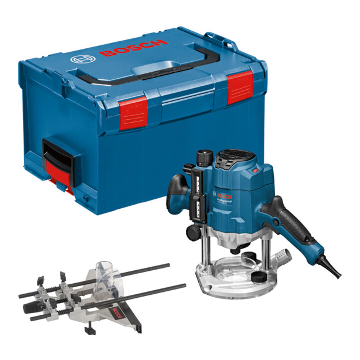 Set BOSCH Oberfräse Holzfräse GOF 1250 CE, mit L-BOXX + Fräser-Set 8-mm-Schaft 15-teilig