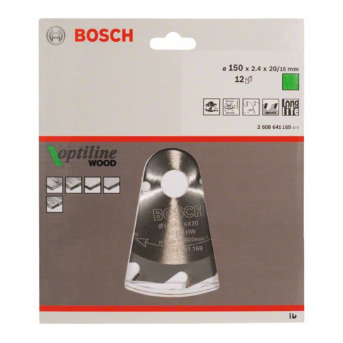 Bosch cirkelzaagblad Optiline Wood voor handcirkelzagen 150 x 20/16 x 2,4 mm 12