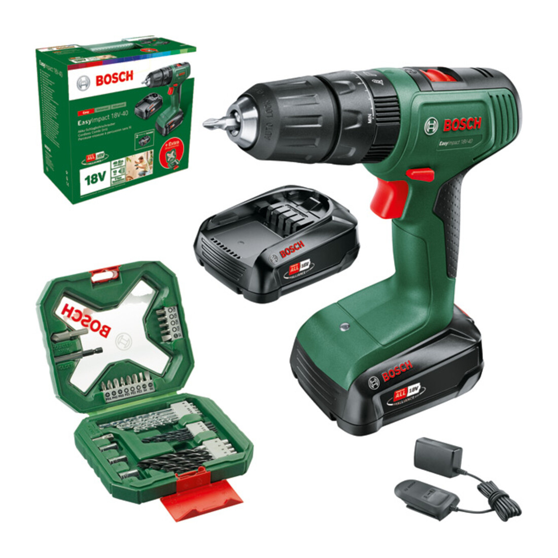 Bosch Perceuse à percussion sans fil EasyImpact 18V-40, 2 x batterie PBA 18V 2.0Ah en coffret