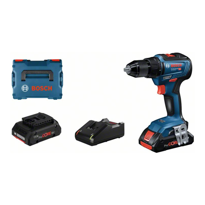 Bosch Perceuse-visseuse sans fil GSR 18V-55, 2x 4,0Ah ProCORE18V, chargeur – Set 2 pièces avec forets TiN, scie & jeu de embouts, 100 pcs