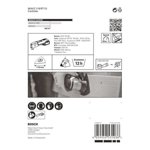 Bosch Piastra di levigatura EXPERT Sanding Plate MAVZ 116 RT10, per utensili multifunzione oscillanti, 116mm