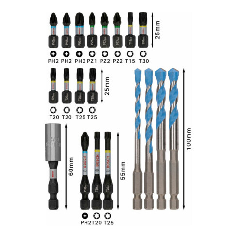 Bosch PRO Embouts de vissage et jeu de forets Multi Construction, 20 pcs