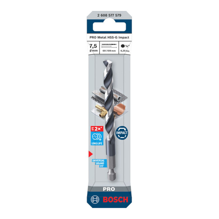 Bosch PRO Foret hélicoïdal à percussion métal HSS-G, 7,5 x 69 x 109 mm