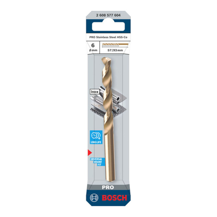 Bosch PRO Foret hélicoïdal en acier inoxydable HSS-Co, 6 x 57 x 93 mm