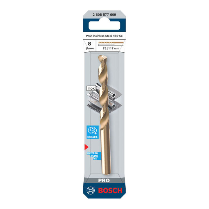 Bosch PRO Foret hélicoïdal en acier inoxydable HSS-Co, 8 x 75 x 117 mm