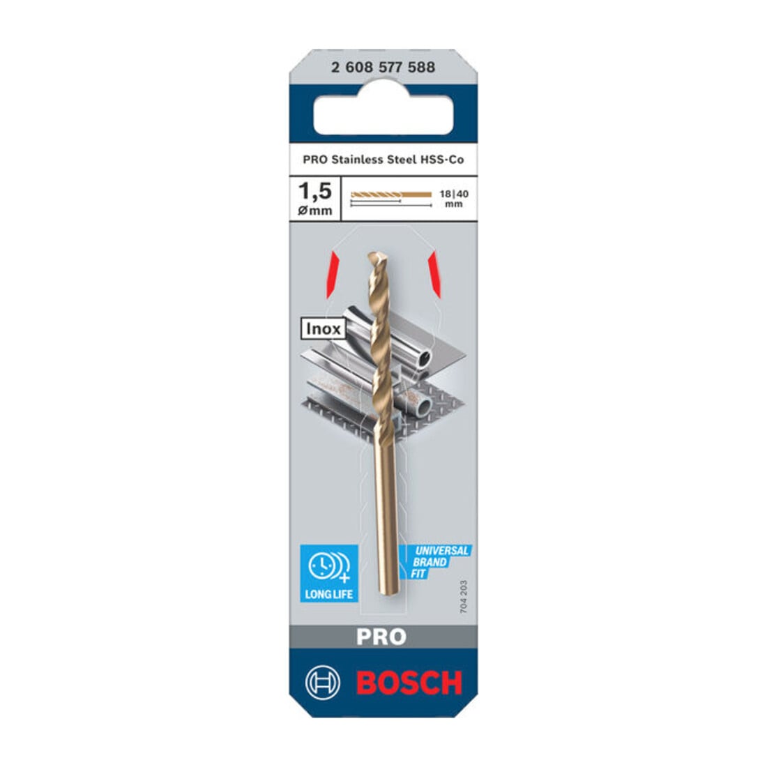 Bosch PRO Foret hélicoïdal HSS-Co en acier inoxydable, 1,5 x 18 x 40 mm