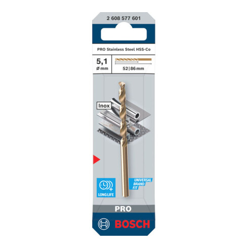 Bosch PRO Foret hélicoïdal HSS-Co en acier inoxydable, 5,1 x 52 x 86 mm