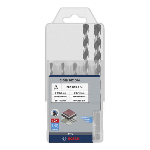 Bosch PRO HEX-5 Bohrer-Set, 4x100, 5x100, 6x100, 8x150, 10x150 mm, 5-tlg.