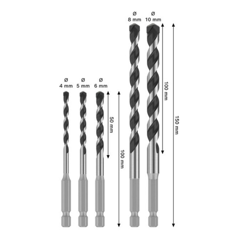 Bosch PRO HEX-5 Bohrer-Set, 4x100, 5x100, 6x100, 8x150, 10x150 mm, 5-tlg.