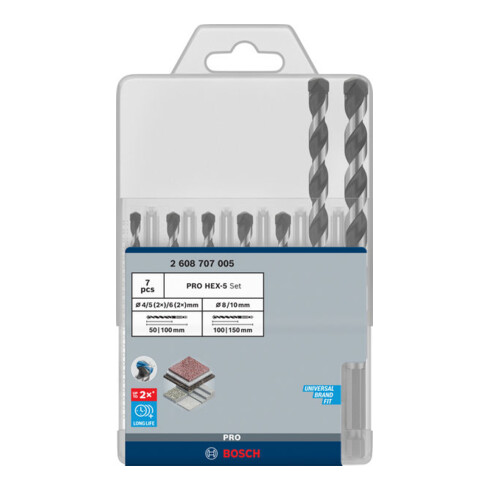 Bosch PRO HEX-5 Boorset, 4x100, 5x100, 5x100, 6x100, 6x100, 8x150, 10x150 mm, 7-dlg.